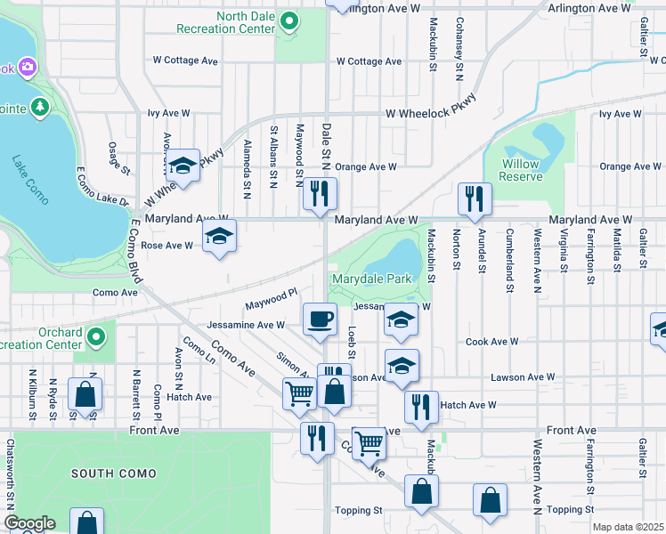 map of restaurants, bars, coffee shops, grocery stores, and more near 615 Geranium Avenue in Saint Paul