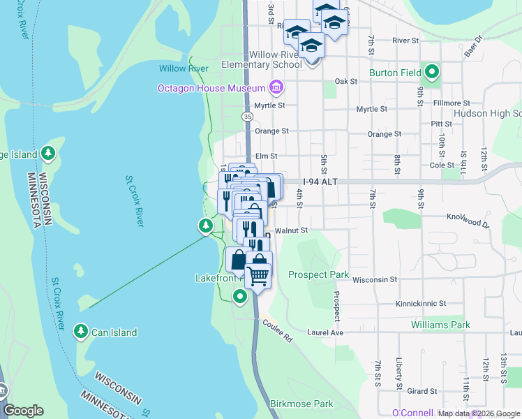 map of restaurants, bars, coffee shops, grocery stores, and more near 601 2nd Street in Hudson
