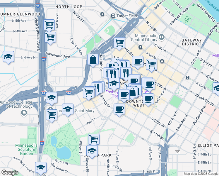 map of restaurants, bars, coffee shops, grocery stores, and more near 4 South 10th Street in Minneapolis