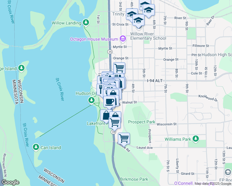 map of restaurants, bars, coffee shops, grocery stores, and more near 601 2nd Street in Hudson