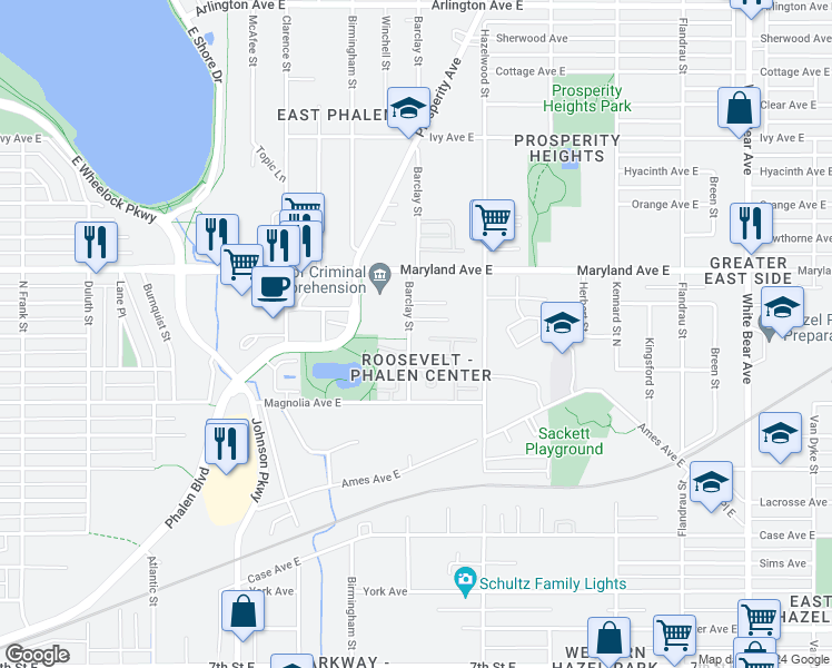 map of restaurants, bars, coffee shops, grocery stores, and more near 1154 Barclay Street in Saint Paul