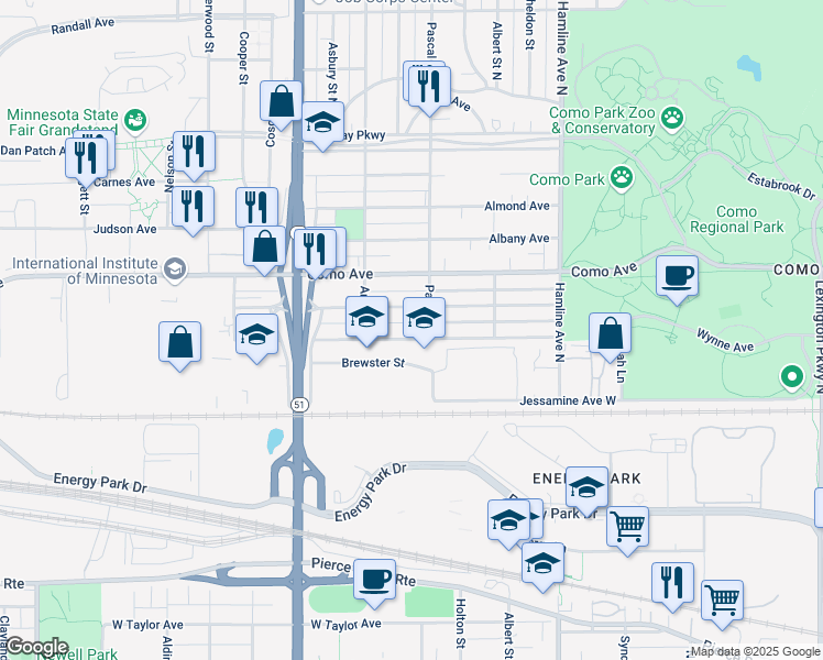 map of restaurants, bars, coffee shops, grocery stores, and more near 1159 Pascal Street in Saint Paul
