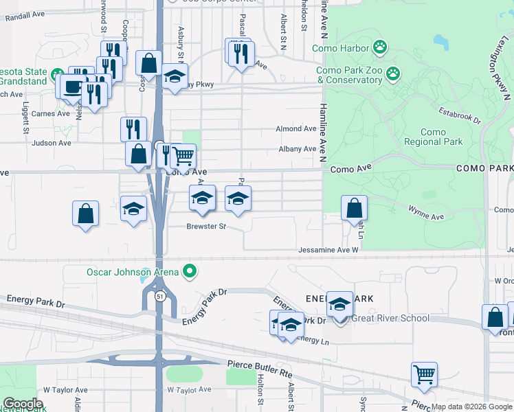 map of restaurants, bars, coffee shops, grocery stores, and more near 1424 West Breda Avenue in Saint Paul