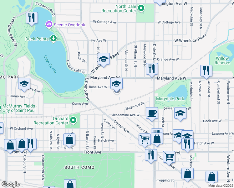 map of restaurants, bars, coffee shops, grocery stores, and more near 740 Rose Avenue West in Saint Paul