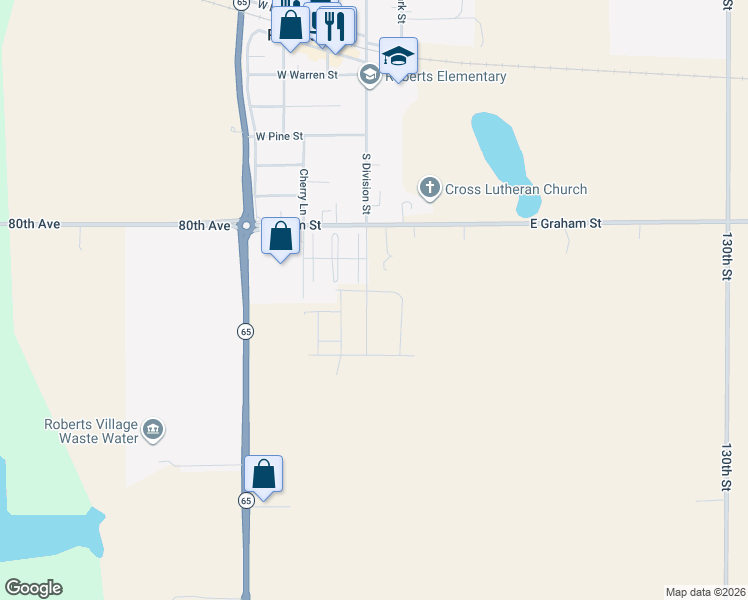 map of restaurants, bars, coffee shops, grocery stores, and more near 600 South Division Street in Roberts