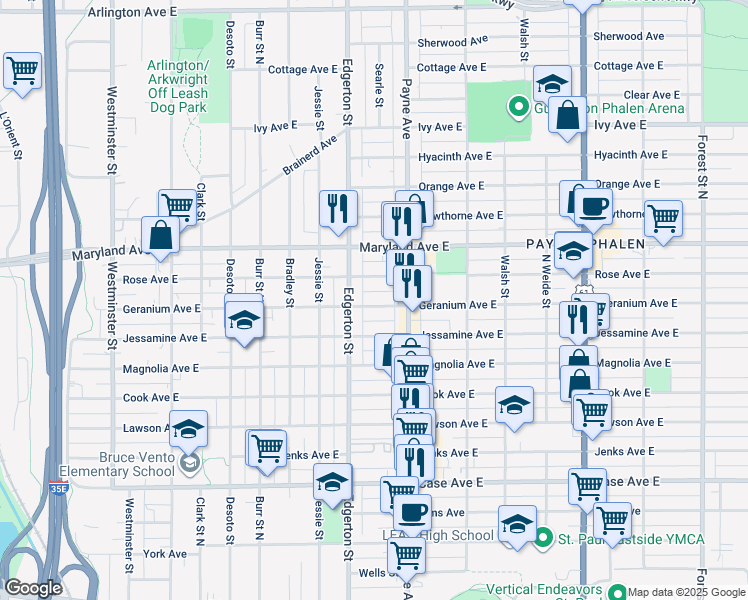 map of restaurants, bars, coffee shops, grocery stores, and more near 603 Geranium Avenue East in Saint Paul