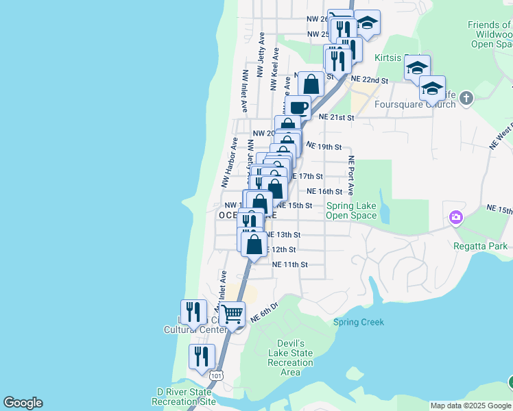 map of restaurants, bars, coffee shops, grocery stores, and more near 1401 Northwest 15th Street in Lincoln City