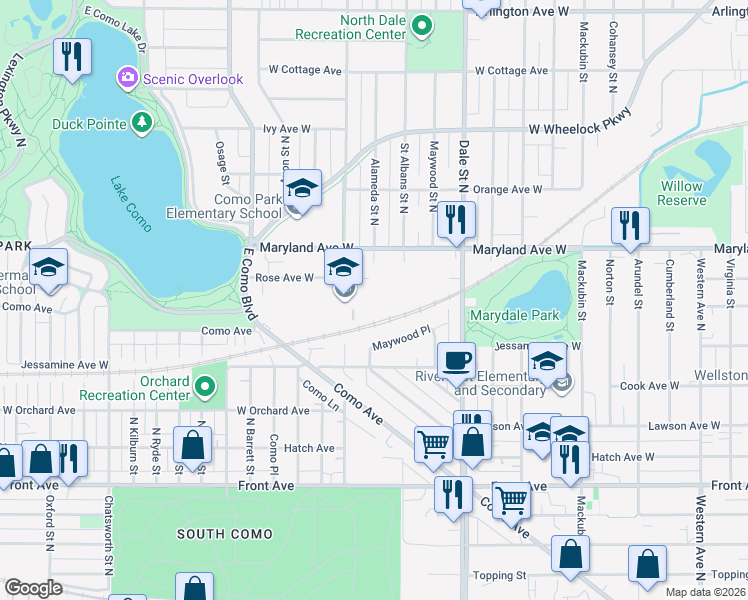 map of restaurants, bars, coffee shops, grocery stores, and more near 740 Rose Avenue West in Saint Paul
