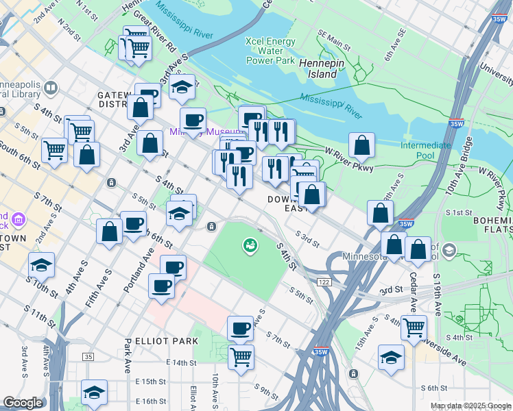 map of restaurants, bars, coffee shops, grocery stores, and more near in Minneapolis