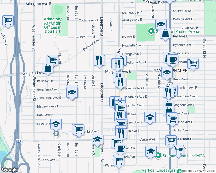 map of restaurants, bars, coffee shops, grocery stores, and more near 603 Geranium Avenue East in Saint Paul