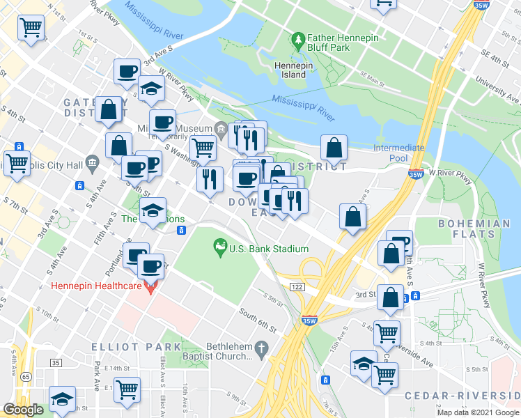 map of restaurants, bars, coffee shops, grocery stores, and more near 921 Washington Avenue South in Minneapolis