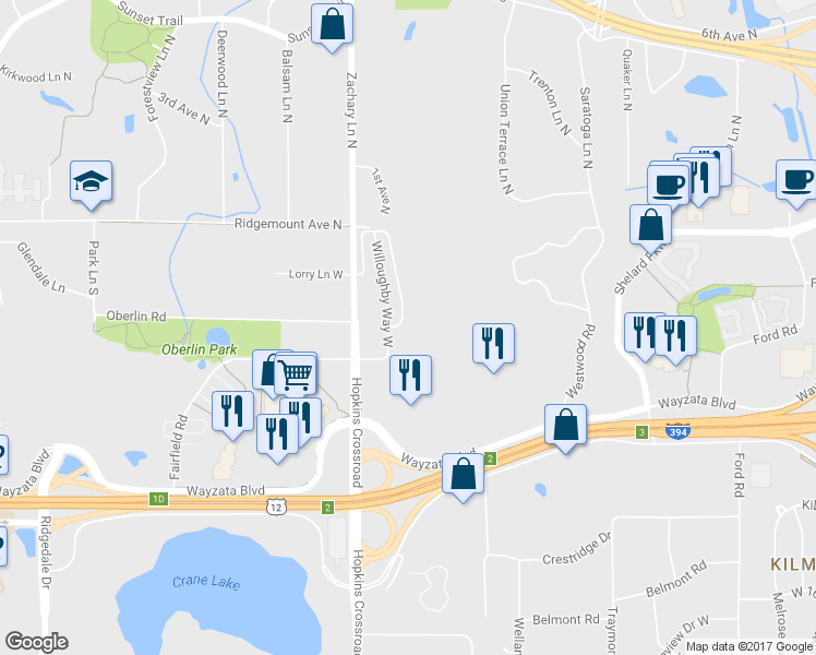 map of restaurants, bars, coffee shops, grocery stores, and more near 569 Willoughby Way East in Hopkins
