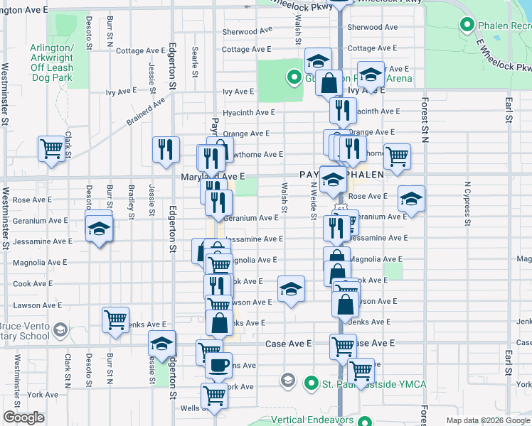 map of restaurants, bars, coffee shops, grocery stores, and more near 711 Geranium Avenue East in Saint Paul