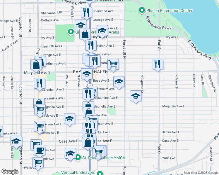 map of restaurants, bars, coffee shops, grocery stores, and more near 883 Geranium Avenue East in Saint Paul