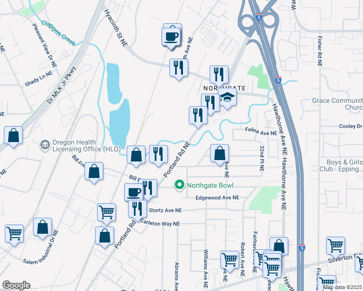 map of restaurants, bars, coffee shops, grocery stores, and more near 3800 Portland Road Northeast in Salem