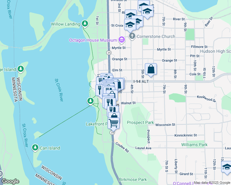 map of restaurants, bars, coffee shops, grocery stores, and more near 602 3rd Street in Hudson