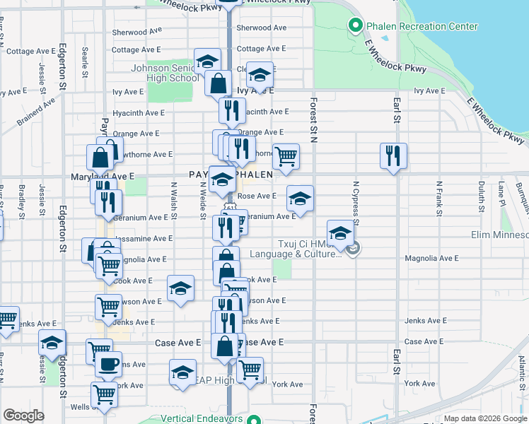map of restaurants, bars, coffee shops, grocery stores, and more near 851 Geranium Avenue East in Saint Paul