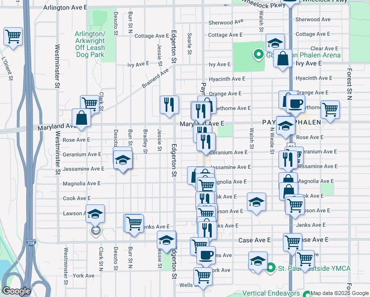 map of restaurants, bars, coffee shops, grocery stores, and more near 603 Geranium Avenue East in Saint Paul