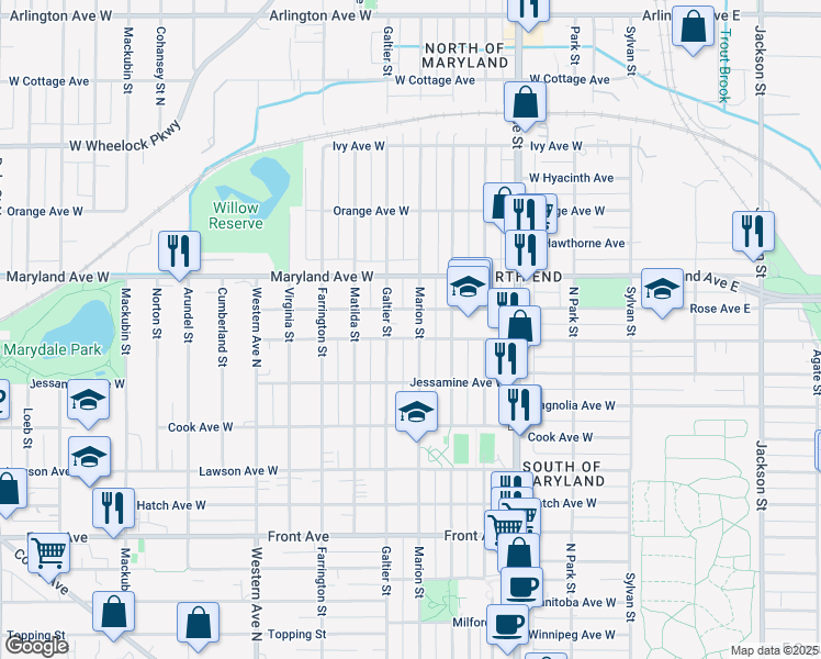 map of restaurants, bars, coffee shops, grocery stores, and more near 1156 Marion Street in Saint Paul