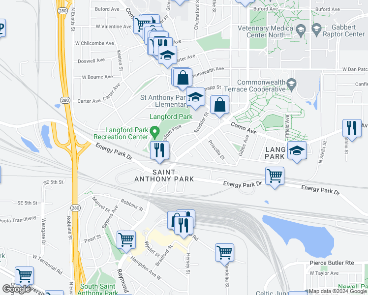 map of restaurants, bars, coffee shops, grocery stores, and more near 2258 Scudder Street in Saint Paul