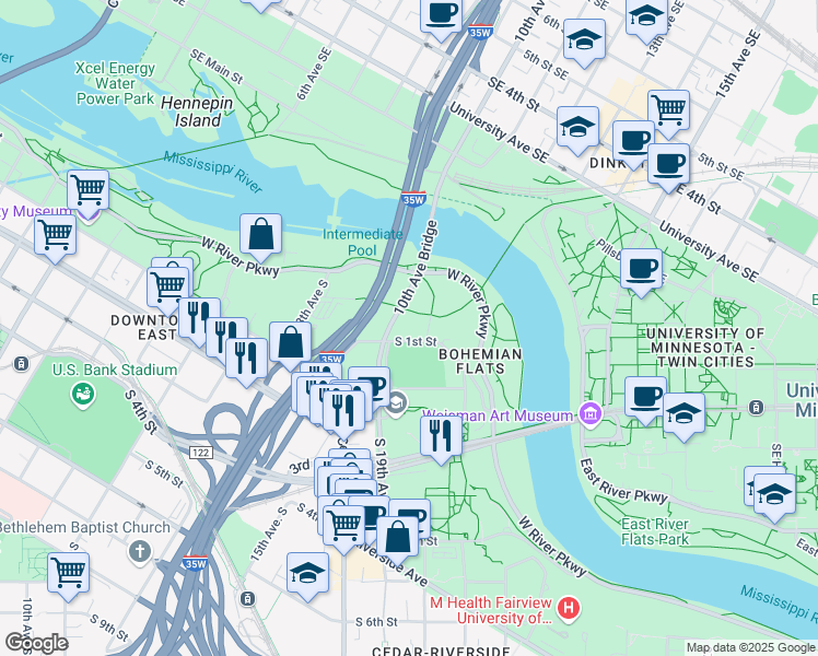 map of restaurants, bars, coffee shops, grocery stores, and more near 22 20th Avenue South in Minneapolis