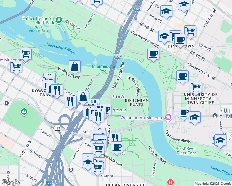 map of restaurants, bars, coffee shops, grocery stores, and more near 22 20th Avenue South in Minneapolis