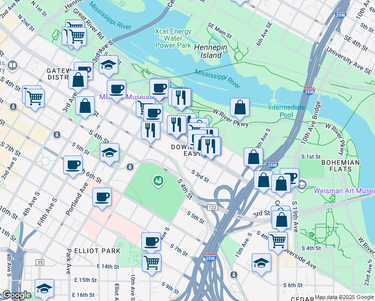 map of restaurants, bars, coffee shops, grocery stores, and more near 1011 Washington Avenue South in Minneapolis