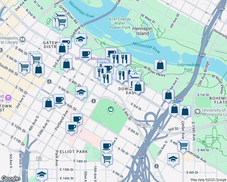 map of restaurants, bars, coffee shops, grocery stores, and more near in Minneapolis