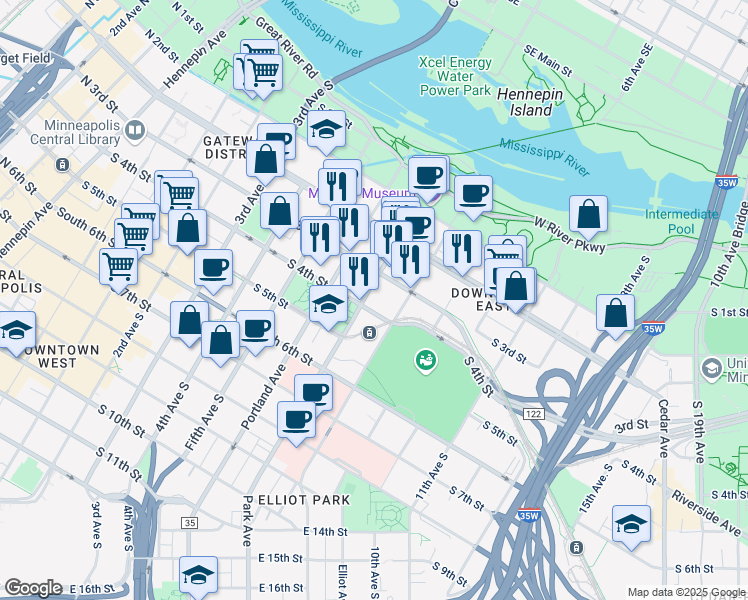 map of restaurants, bars, coffee shops, grocery stores, and more near 740 South 4th Street in Minneapolis