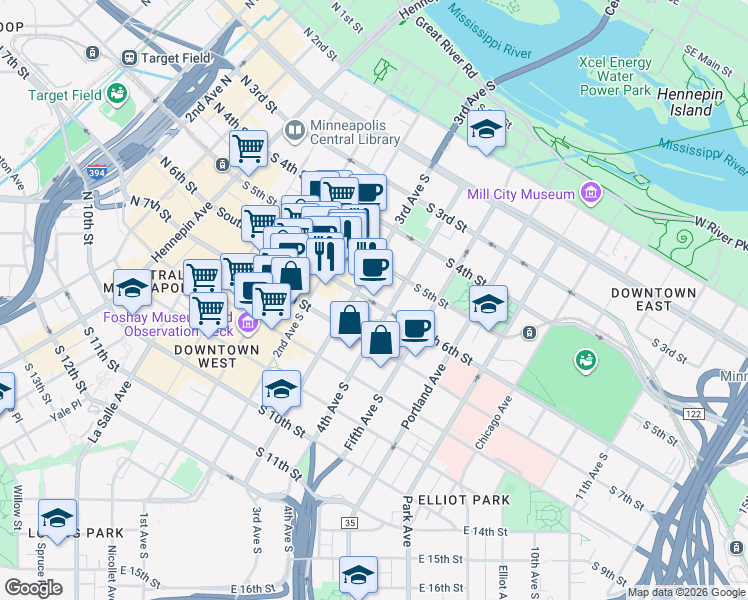 map of restaurants, bars, coffee shops, grocery stores, and more near in Minneapolis