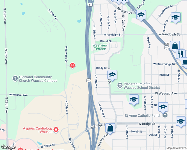 map of restaurants, bars, coffee shops, grocery stores, and more near 1202-1204 North 16th Avenue in Wausau