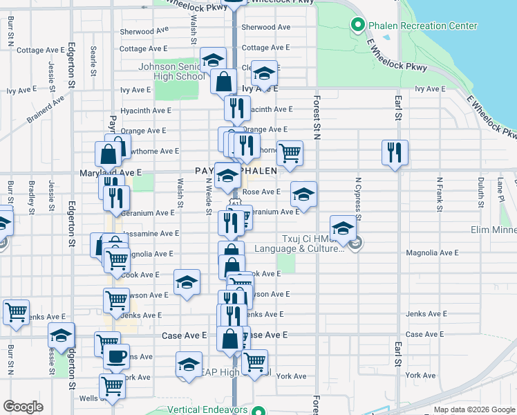 map of restaurants, bars, coffee shops, grocery stores, and more near 851 Geranium Avenue East in Saint Paul