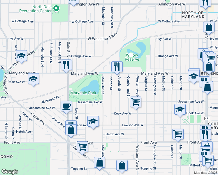 map of restaurants, bars, coffee shops, grocery stores, and more near 1151 Norton Street in Saint Paul