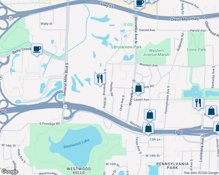 map of restaurants, bars, coffee shops, grocery stores, and more near 300 Hanley Road in Minneapolis