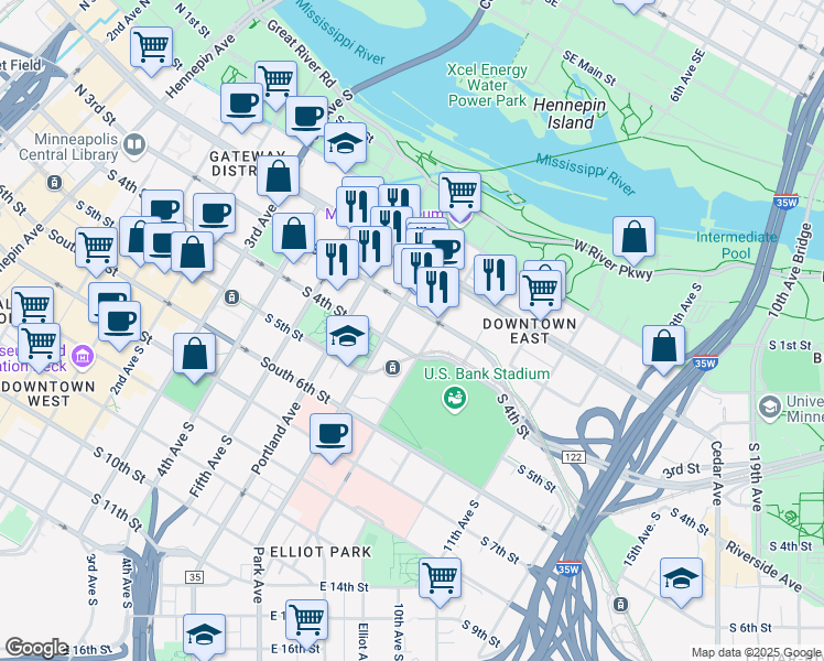 map of restaurants, bars, coffee shops, grocery stores, and more near 740 South 4th Street in Minneapolis