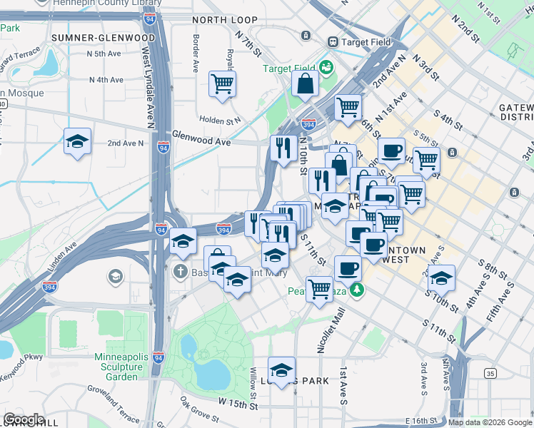 map of restaurants, bars, coffee shops, grocery stores, and more near 1201 Hawthorne Avenue in Minneapolis