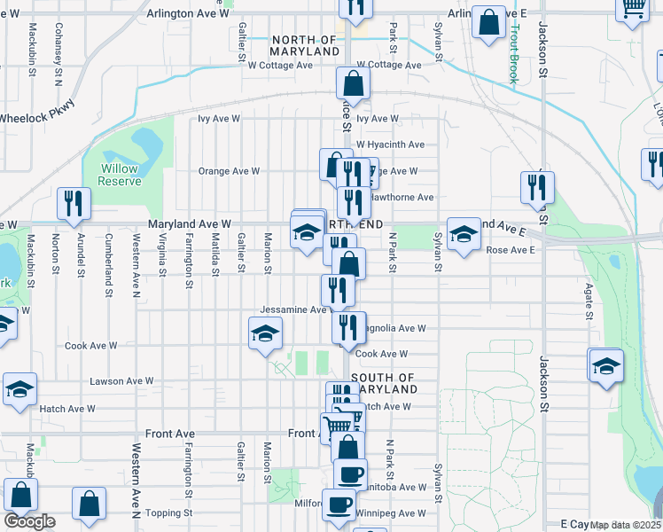 map of restaurants, bars, coffee shops, grocery stores, and more near 160 Rose Avenue West in Saint Paul