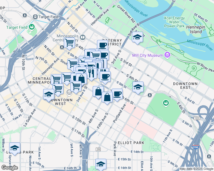 map of restaurants, bars, coffee shops, grocery stores, and more near in Minneapolis