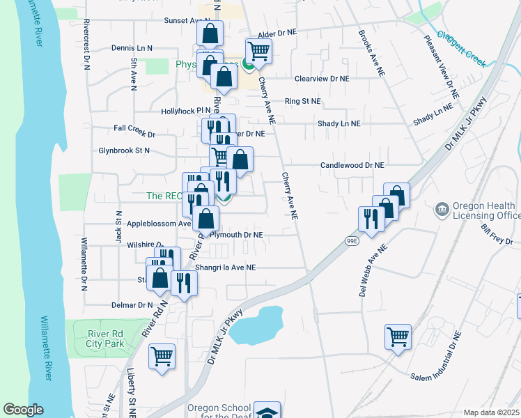 map of restaurants, bars, coffee shops, grocery stores, and more near 877 Apple Blossom Avenue Northeast in Keizer