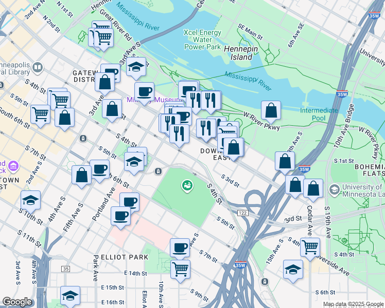map of restaurants, bars, coffee shops, grocery stores, and more near in Minneapolis