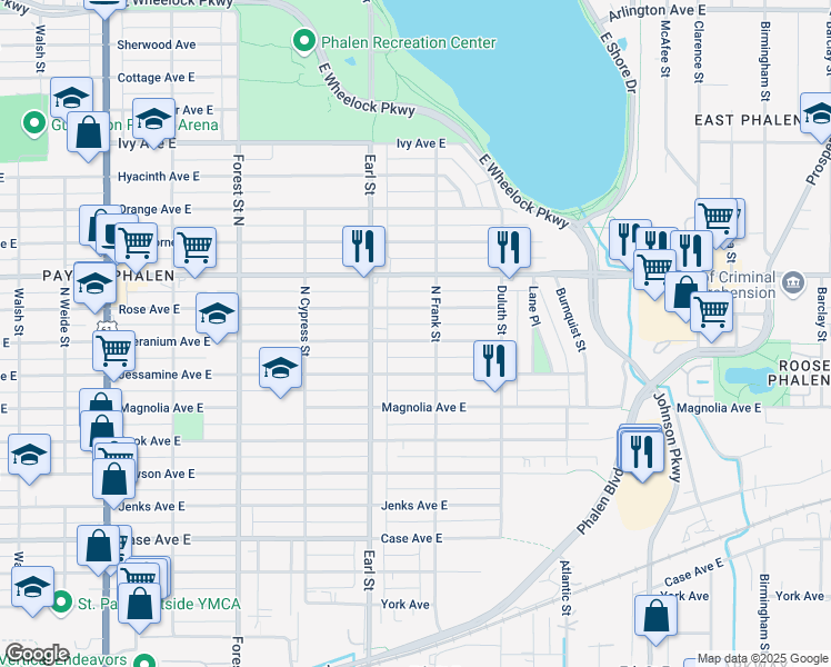 map of restaurants, bars, coffee shops, grocery stores, and more near 1099 Geranium Avenue East in Saint Paul