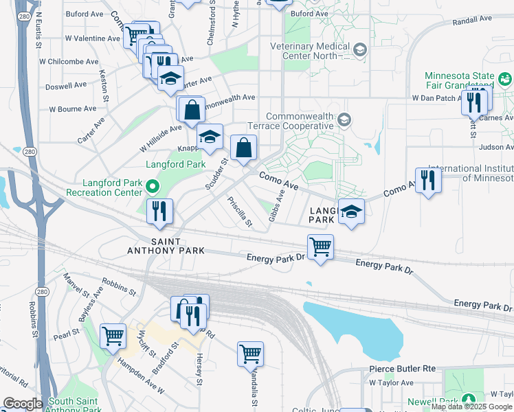 map of restaurants, bars, coffee shops, grocery stores, and more near 2290 Brewster Street in Saint Paul