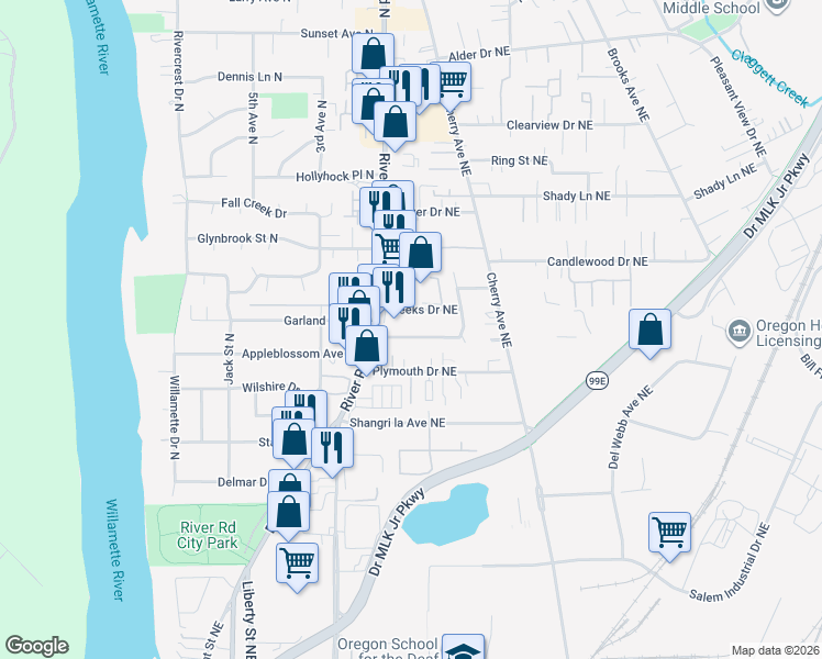 map of restaurants, bars, coffee shops, grocery stores, and more near 737 Apple Blossom Avenue Northeast in Keizer