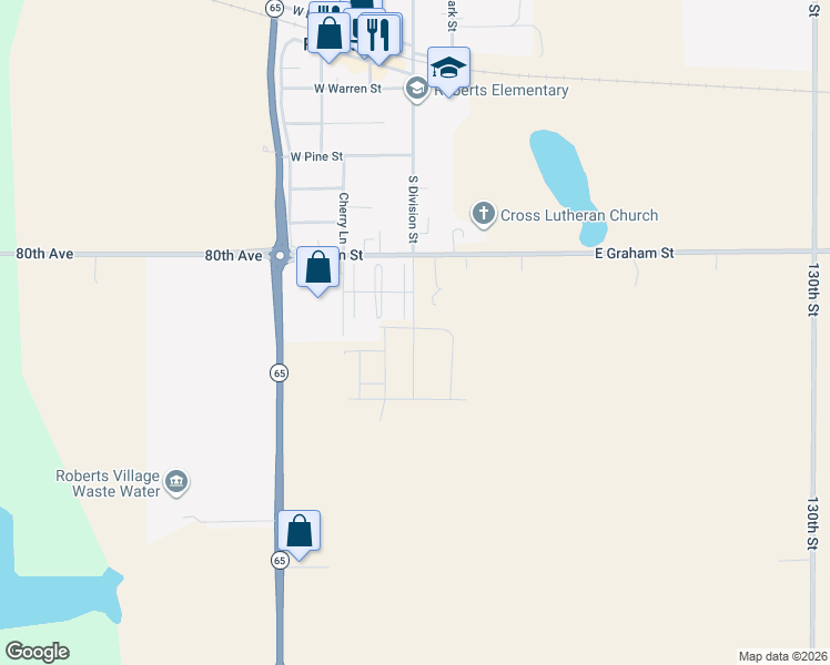 map of restaurants, bars, coffee shops, grocery stores, and more near 600 South Division Street in Roberts