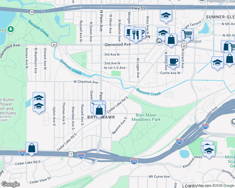 map of restaurants, bars, coffee shops, grocery stores, and more near 40 Newton Avenue South in Minneapolis