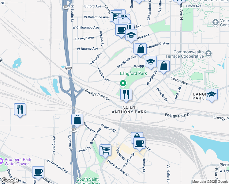 map of restaurants, bars, coffee shops, grocery stores, and more near 7 Langford Park in Saint Paul