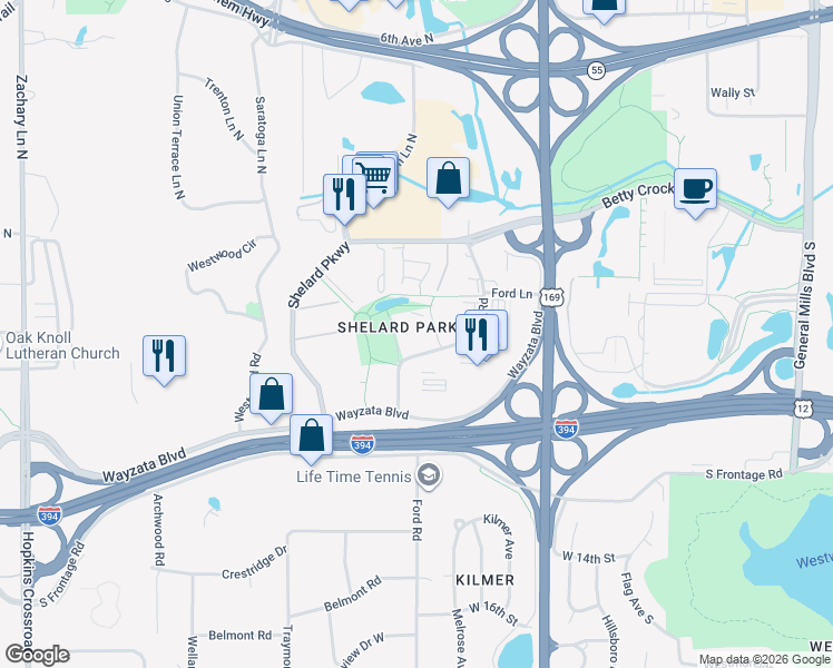 map of restaurants, bars, coffee shops, grocery stores, and more near 450 Ford Road in Minneapolis
