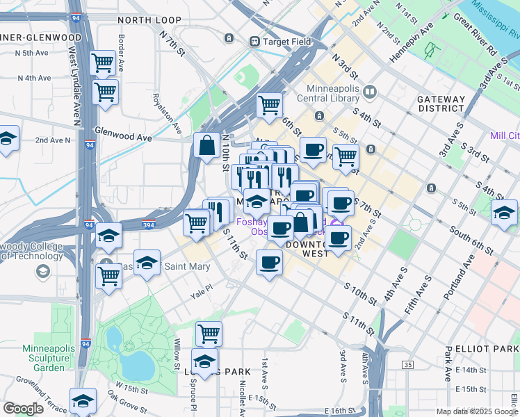 map of restaurants, bars, coffee shops, grocery stores, and more near 4 South 10th Street in Minneapolis