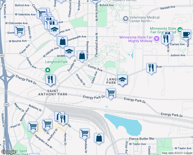 map of restaurants, bars, coffee shops, grocery stores, and more near 1136 Gibbs Avenue in Saint Paul
