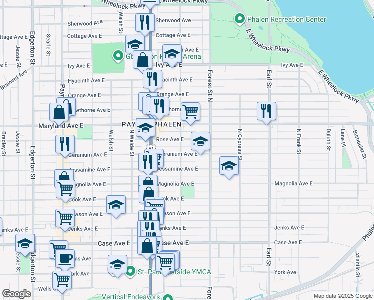 map of restaurants, bars, coffee shops, grocery stores, and more near 883 Geranium Avenue East in Saint Paul